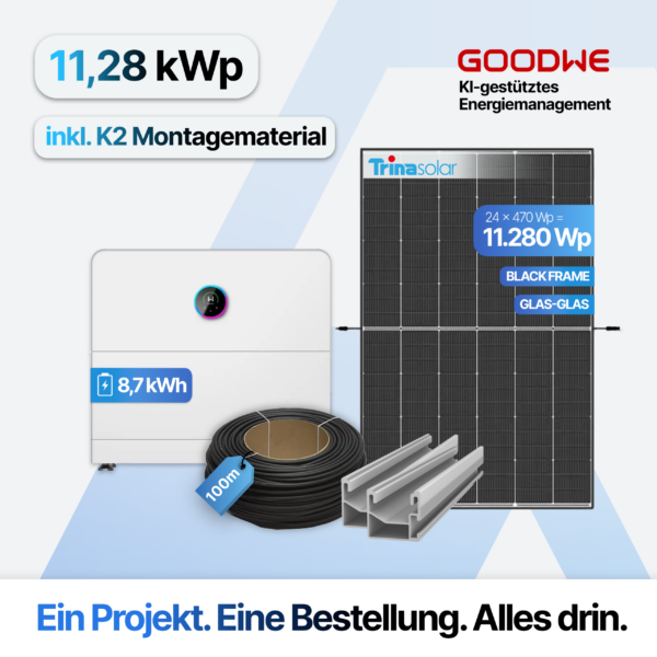 PV-Anlage 11,28 kWp mit 8,7 kWh Speicher: GoodWe ESA Komplettset inkl. K2 Montageset, 24× Trina Solar 470 W