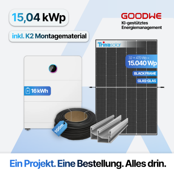 PV-Anlage 15,04 kWp mit 16 kWh Speicher: GoodWe ESA Komplettset inkl. K2 Montageset, 32× Trina Solar 470 W
