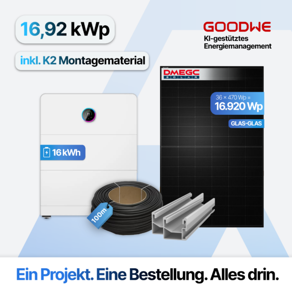 PV-Anlage 16,92 kWp mit 16 kWh Speicher: GoodWe ESA Komplettset inkl. K2 Montageset, 36× DMEGC 470 W