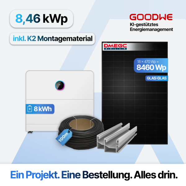 PV-Anlage 8,46 kWp mit 8 kWh Speicher: GoodWe ESA Komplettset inkl. K2 Montageset, 18× DMEGC 470 W